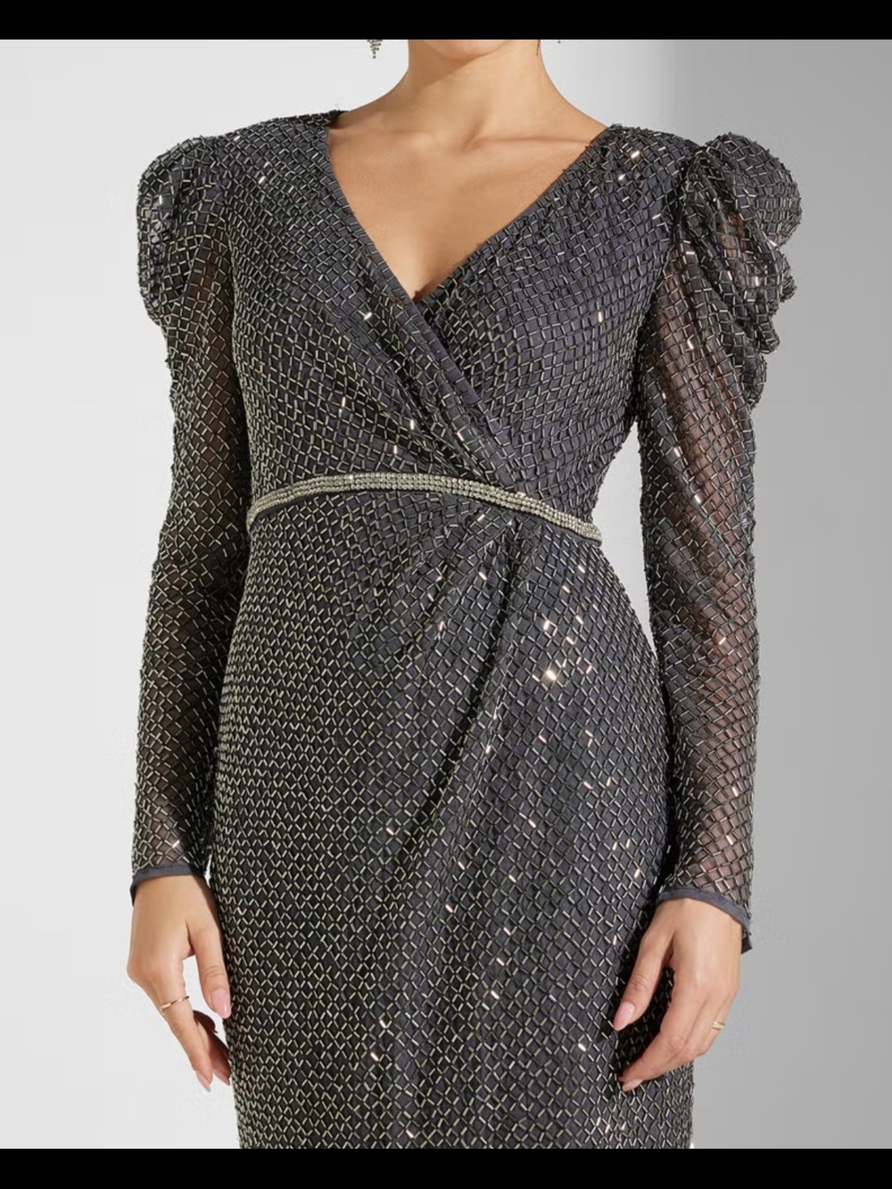 Mac Duggal Beaded Wrap Over Puff Sleeve Midi Dress